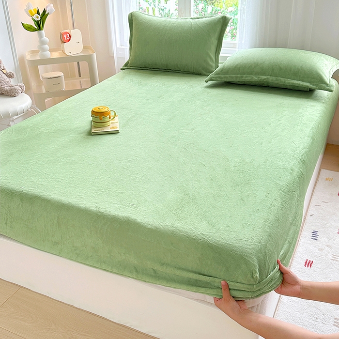 91家纺网 家纺一手货源 找家纺 家贝爱 2024新款加厚保暖牛奶绒床笠 纯色抹茶绿