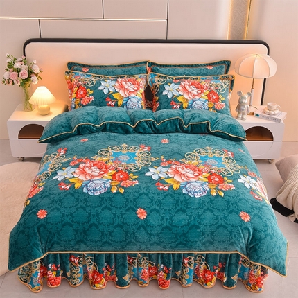 富之航 2024新款8-9斤高克重印花牛奶绒四件套保暖绒套件直播爆款锦绣花开