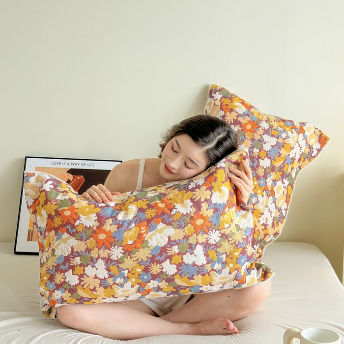 91家纺网 家纺一手货源 找家纺 朴尔家纺-毛巾被 2024新款防滑半包可调节暗扣魔术全棉三层纱布枕巾 繁花曼舞53*110cm/对