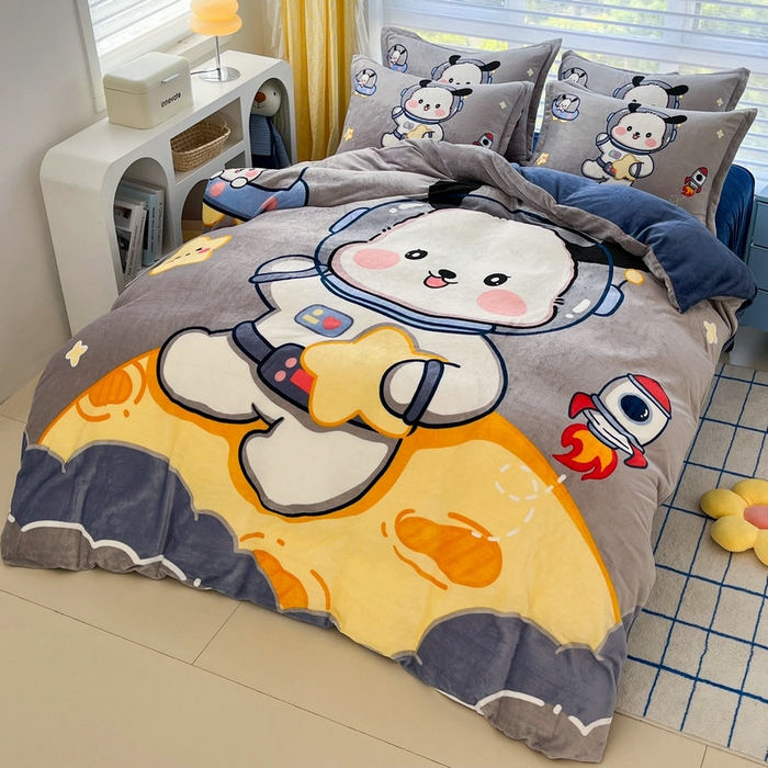 91家纺网 家纺一手货源 找家纺 宝薇 2024新款加厚牛奶绒大版卡通四件套 太空狗绒