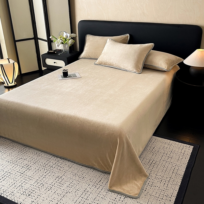 91家纺网 家纺一手货源 找家纺 全季家居 2024新款A类纯色印花高克重加厚保暖包边牛奶绒床单单件 暖驼