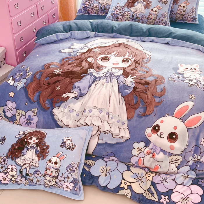 91家纺网 家纺一手货源 找家纺 宝薇 2024新款加厚牛奶绒大版卡通四件套 甜心公主绒