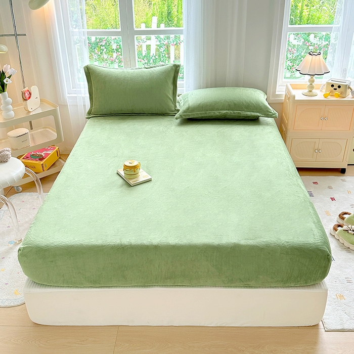 91家纺网 家纺一手货源 找家纺 家贝爱 2024新款加厚保暖牛奶绒床笠 纯色抹茶绿