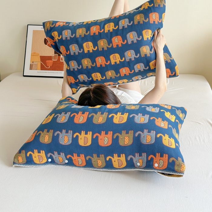 91家纺网 家纺一手货源 找家纺 朴尔家纺-毛巾被 2024新款防滑半包可调节暗扣魔术全棉三层纱布枕巾 多彩小象-蓝黄53*110cm/对