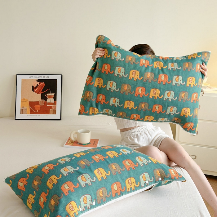 91家纺网 家纺一手货源 找家纺 朴尔家纺-毛巾被 2024新款防滑半包可调节暗扣魔术全棉三层纱布枕巾 多彩小象-绿黄53*110cm/对