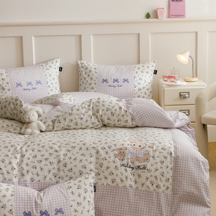 91家纺网 家纺一手货源 找家纺 卡姿家纺 2024秋冬呆萌小刺绣第三季 蝴蝶结小兔子-紫格