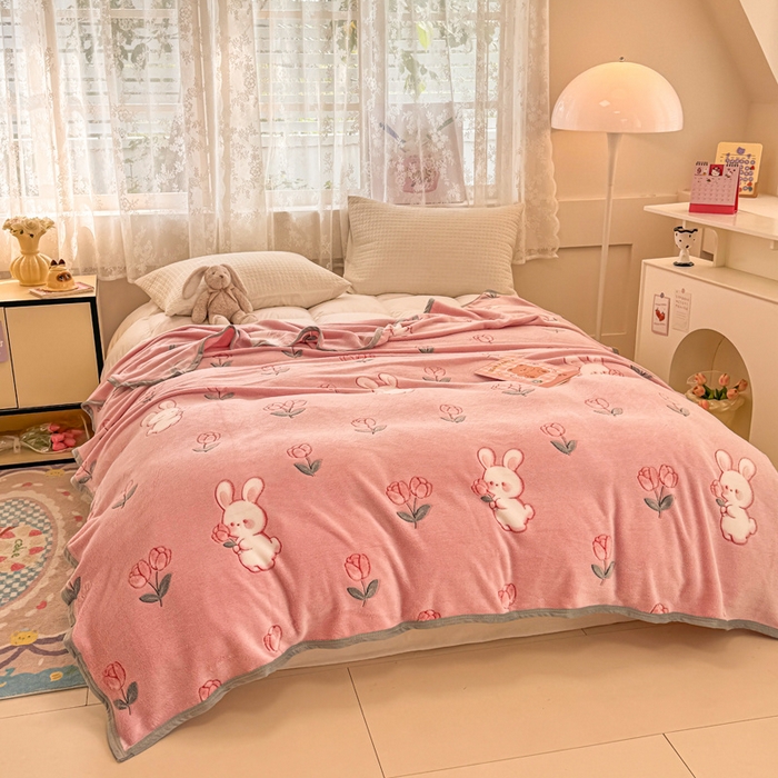 91家纺网 家纺一手货源 找家纺 慕尚家纺 2025新款高克重加厚雪花绒毛毯毯子 粉白兔