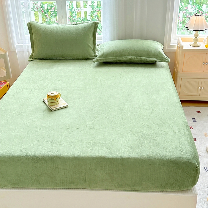 91家纺网 家纺一手货源 找家纺 家贝爱 2024新款加厚保暖牛奶绒床笠 纯色抹茶绿