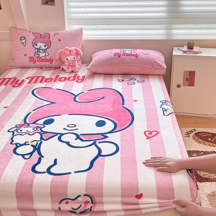 91家纺网 家纺一手货源 找家纺 金爱家 2024新款大阪单品牛奶绒床笠 绒-D草莓冰淇淋美乐蒂