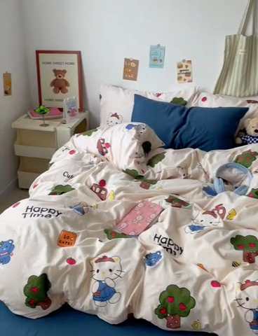 91家纺网 家纺一手货源 找家纺 卡迪熊家纺 2024新款小清新水洗m混搭四件套 可爱KT猫