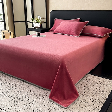 91家纺网 家纺一手货源 找家纺 全季家居 2024新款A类纯色印花高克重加厚保暖包边牛奶绒床单单件 豆沙