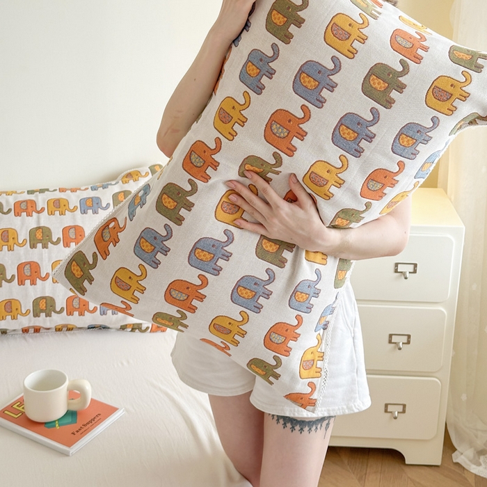 91家纺网 家纺一手货源 找家纺 朴尔家纺-毛巾被 2024新款防滑半包可调节暗扣魔术全棉三层纱布枕巾 多彩小象-米白53*110cm/对