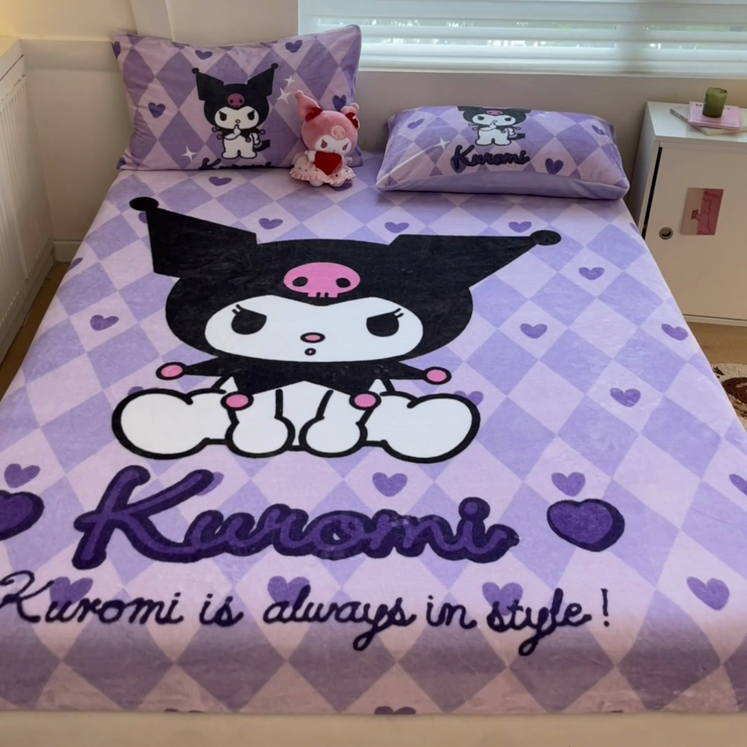 91家纺网 家纺一手货源 找家纺 金爱家 2024新款大阪单品牛奶绒床笠 绒-D桃心美美库洛米