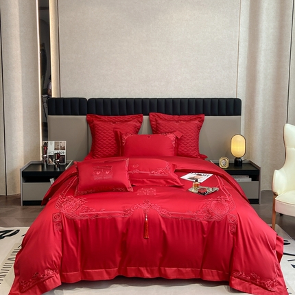 91家纺网 家纺一手货源 找家纺 玖玖爱家纺 2024新款100支双股长绒棉提花刺绣婚庆四件套 心若芳菲