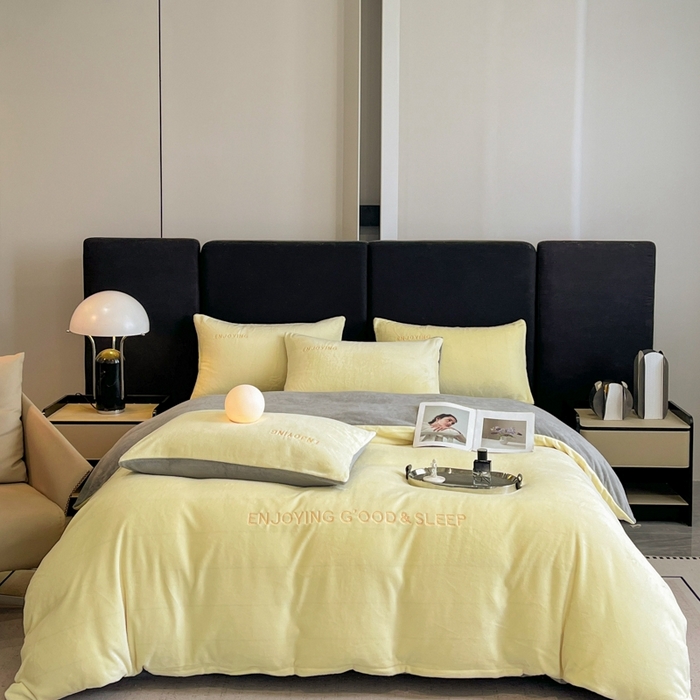 91家纺网 家纺一手货源 找家纺 澳梵家居 2024新款牛奶绒刺绣四件套--【山岚系列】 柠檬黄