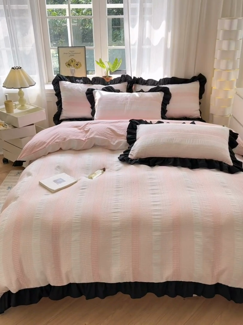 91家纺网 家纺一手货源 找家纺 （总）老K (原美阁）2024新款法式华夫格渐变色水洗棉韩版公主风四件套