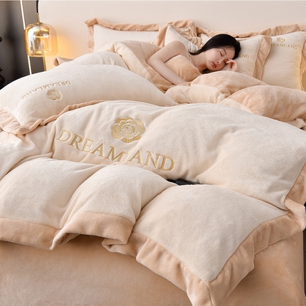 91家纺网 家纺一手货源 找家纺 （总）云恋家纺 2025轻奢双面牛奶绒刺绣四件套加厚法兰绒床品被套床笠床单加绒套件--梦想款
