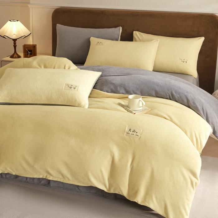 91家纺网 家纺一手货源 找家纺 澳梵家居 2024新款牛奶绒素色双拼四件套--【暖茶系列】 暖茶-柠檬黄