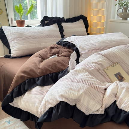 91家纺网 家纺一手货源 找家纺 （总）老K (原美阁）2024新款法式华夫格渐变色水洗棉韩版公主风四件套