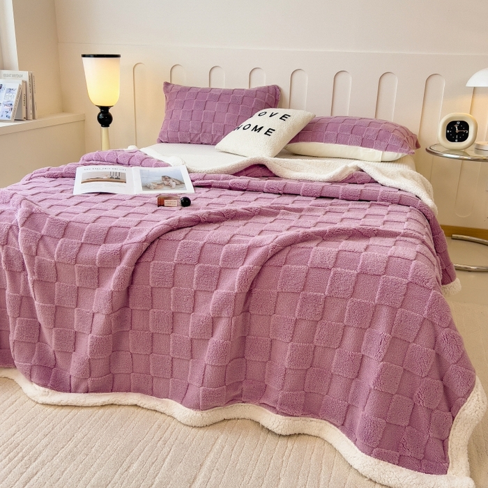 91家纺网 家纺一手货源 找家纺 希廷顿 2024新款高克重双层加厚塔芙绒毛毯 方格-香芋紫