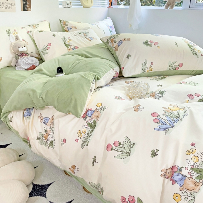 91家纺网 家纺一手货源 找家纺 盛馨家纺 2024秋冬棉加绒13372全棉宝宝绒牛奶绒床单床笠保暖绒四件套 兔野仙踪