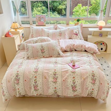 91家纺网 家纺一手货源 找家纺 铭成家纺 2024新款新疆棉喷气印花小清新系列四件套 少女心结