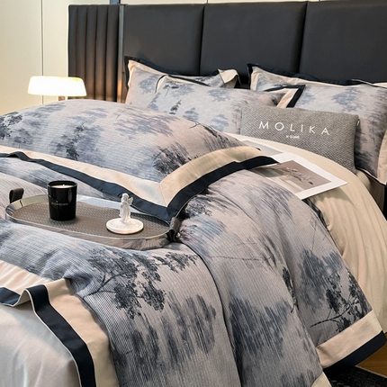 91家纺网 家纺一手货源 找家纺 （总）博纳家纺 2024新款全棉磨毛四件套纯棉磨毛数码印花双色拼角四件套（提供买家秀）