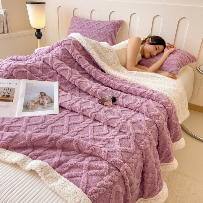 91家纺网 家纺一手货源 找家纺 希廷顿 2024新款高克重双层加厚塔芙绒毛毯 麻花-香芋紫