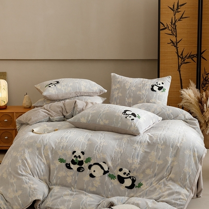 蜜柚 2024新款230克全消光色烂牛奶绒毛巾绣四件套 熊猫仔-灰