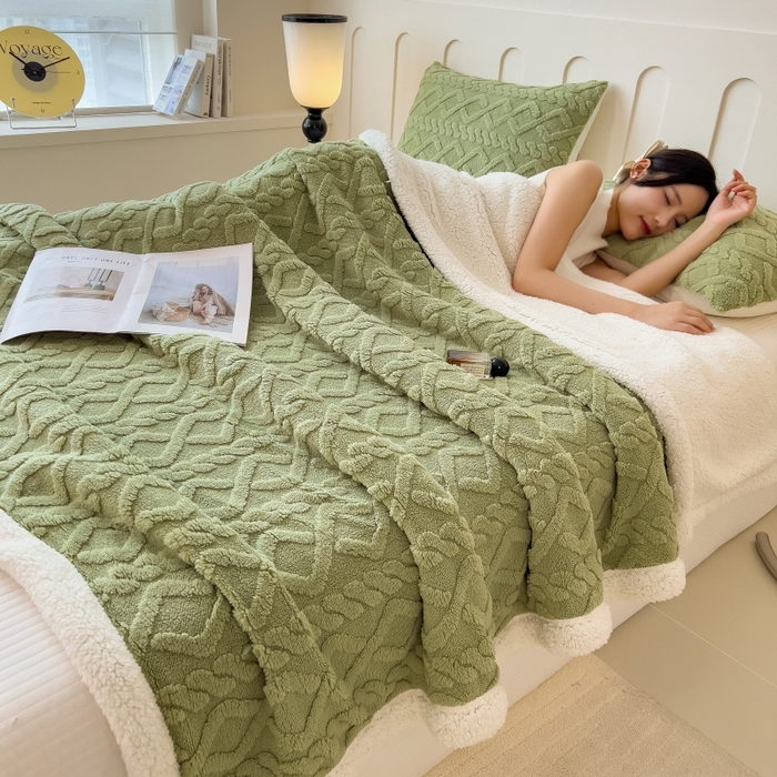 91家纺网 家纺一手货源 找家纺 希廷顿 2024新款高克重双层加厚塔芙绒毛毯 麻花-抹茶绿