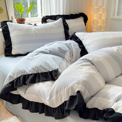 91家纺网 家纺一手货源 找家纺 （总）老K (原美阁）2024新款法式华夫格渐变色水洗棉韩版公主风四件套