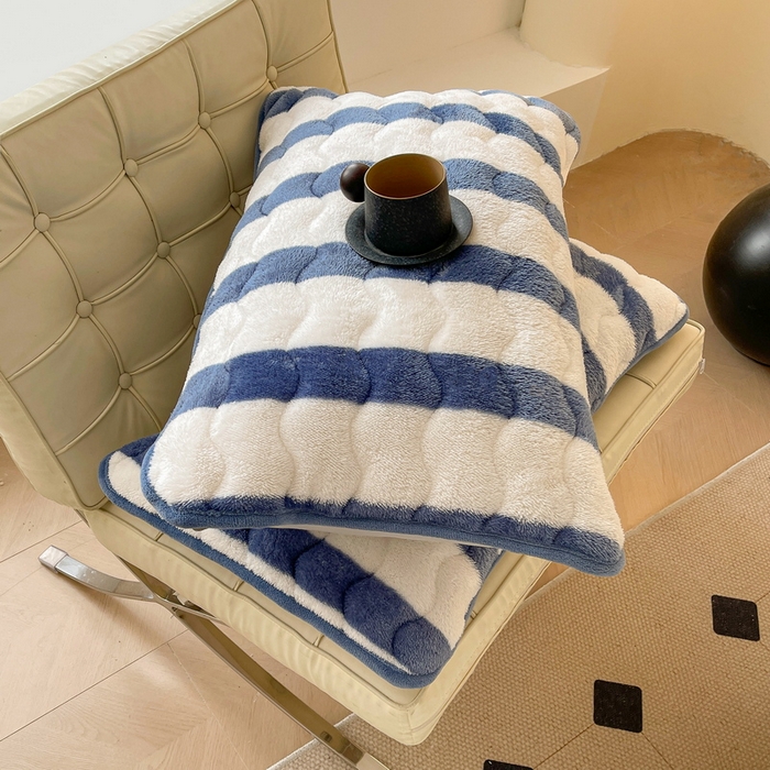 91家纺网 家纺一手货源 找家纺 2024秋冬北极绒加厚夹棉床笠三件套印花泰迪绒床垫保护套罩-格子条纹系（暖光图）条纹-高贵蓝