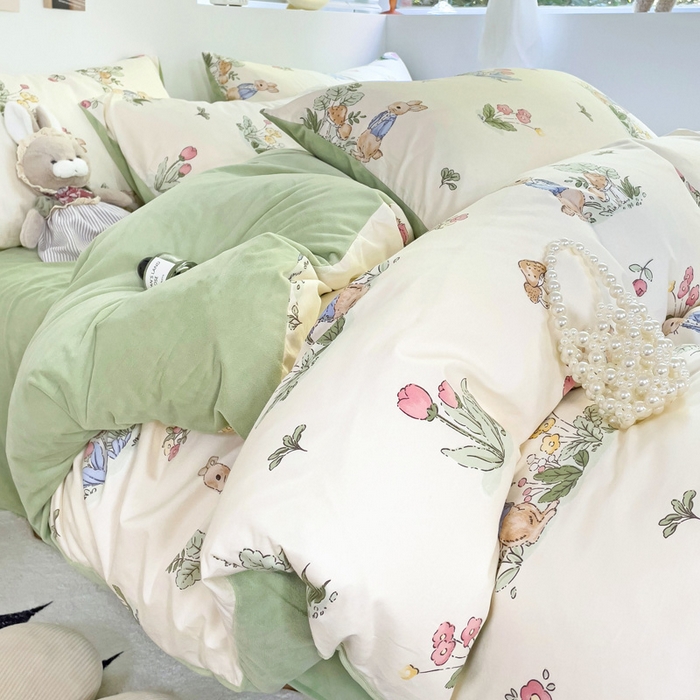 91家纺网 家纺一手货源 找家纺 盛馨家纺 2024秋冬棉加绒13372全棉宝宝绒牛奶绒床单床笠保暖绒四件套 兔野仙踪