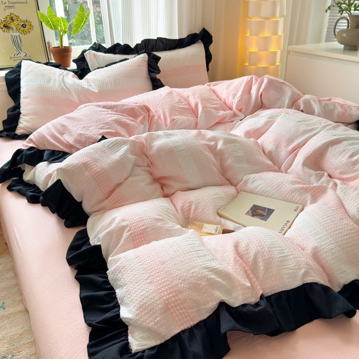 91家纺网 家纺一手货源 找家纺 （总）老K (原美阁）2024新款法式华夫格渐变色水洗棉韩版公主风四件套