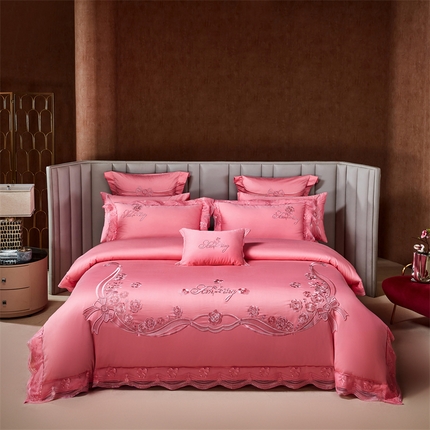 2025新款长绒棉长绒棉贡缎提花款新中式古典韵味精美刺绣婚庆四件套多件套爱的诺言粉
