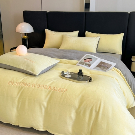 澳梵家居 2024新款牛奶绒刺绣四件套--【山岚系列】 柠檬黄