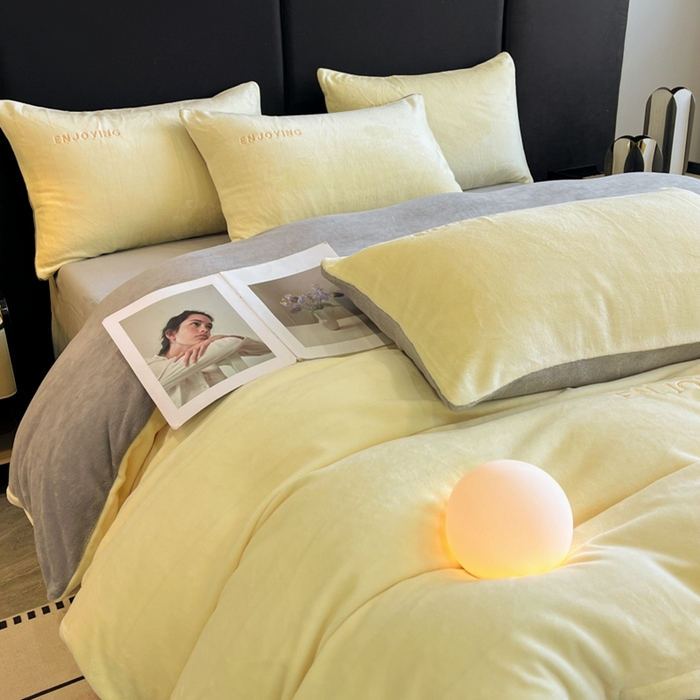 91家纺网 家纺一手货源 找家纺 澳梵家居 2024新款牛奶绒刺绣四件套--【山岚系列】 柠檬黄