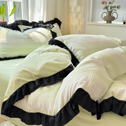 91家纺网 家纺一手货源 找家纺 （总）老K (原美阁）2024新款法式华夫格渐变色水洗棉韩版公主风四件套