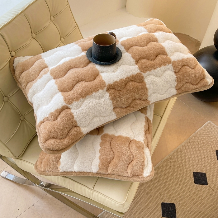 91家纺网 家纺一手货源 找家纺 2024秋冬北极绒加厚夹棉床笠三件套印花泰迪绒床垫保护套罩-格子条纹系（暖光图）棋盘格-奶咖