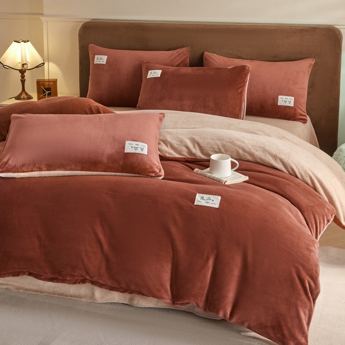 91家纺网 家纺一手货源 找家纺 澳梵家居 2024新款牛奶绒素色双拼四件套--【暖茶系列】 暖茶-红糖姜茶