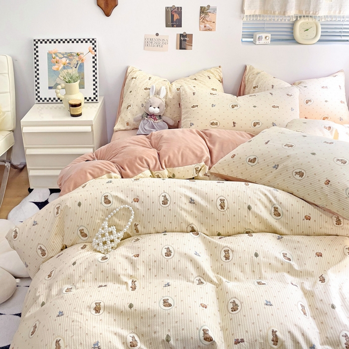 91家纺网 家纺一手货源 找家纺 盛馨家纺 2024秋冬棉加绒13372全棉宝宝绒牛奶绒床单床笠保暖绒四件套 幸运熊