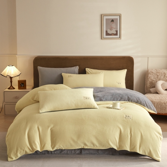 91家纺网 家纺一手货源 找家纺 澳梵家居 2024新款牛奶绒素色双拼四件套--【暖茶系列】 暖茶-柠檬黄