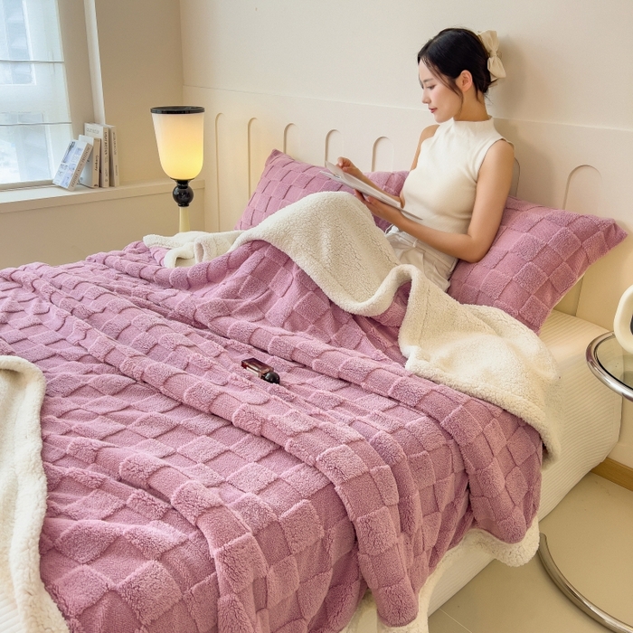 91家纺网 家纺一手货源 找家纺 希廷顿 2024新款高克重双层加厚塔芙绒毛毯 方格-香芋紫