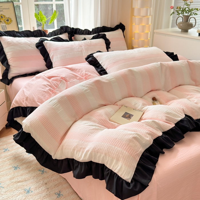 91家纺网 家纺一手货源 找家纺 （总）老K (原美阁）2024新款法式华夫格渐变色水洗棉韩版公主风四件套