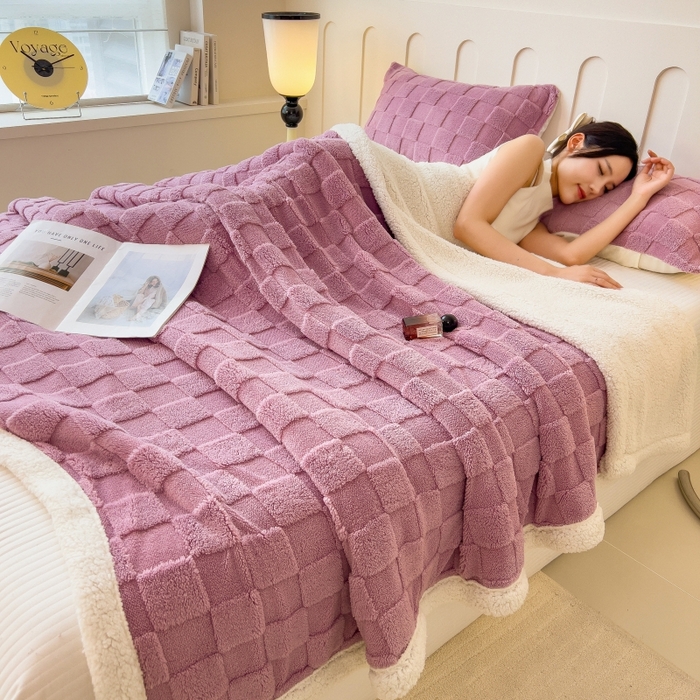 91家纺网 家纺一手货源 找家纺 希廷顿 2024新款高克重双层加厚塔芙绒毛毯 方格-香芋紫