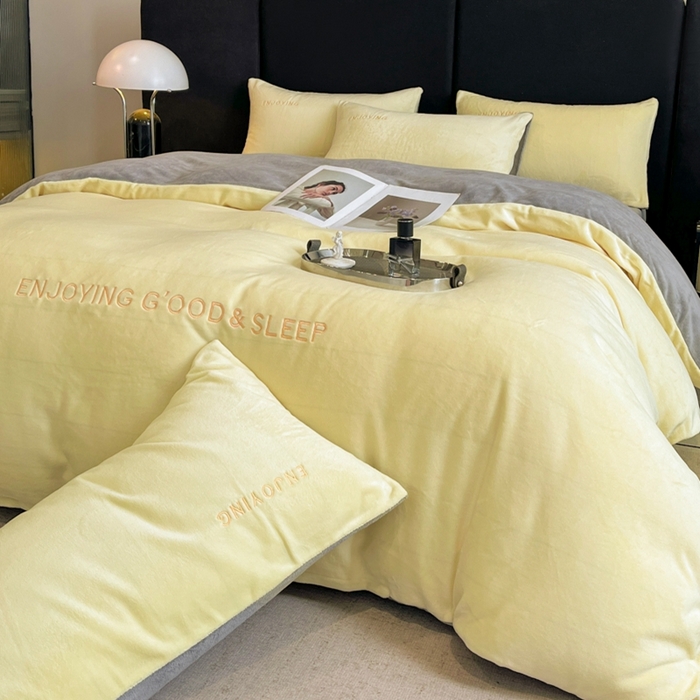 91家纺网 家纺一手货源 找家纺 澳梵家居 2024新款牛奶绒刺绣四件套--【山岚系列】 柠檬黄