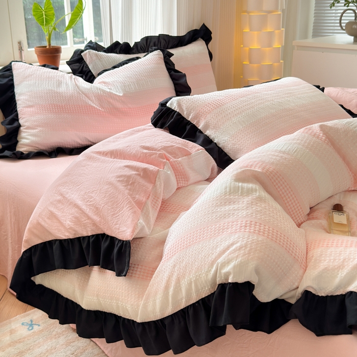 91家纺网 家纺一手货源 找家纺 （总）老K (原美阁）2024新款法式华夫格渐变色水洗棉韩版公主风四件套