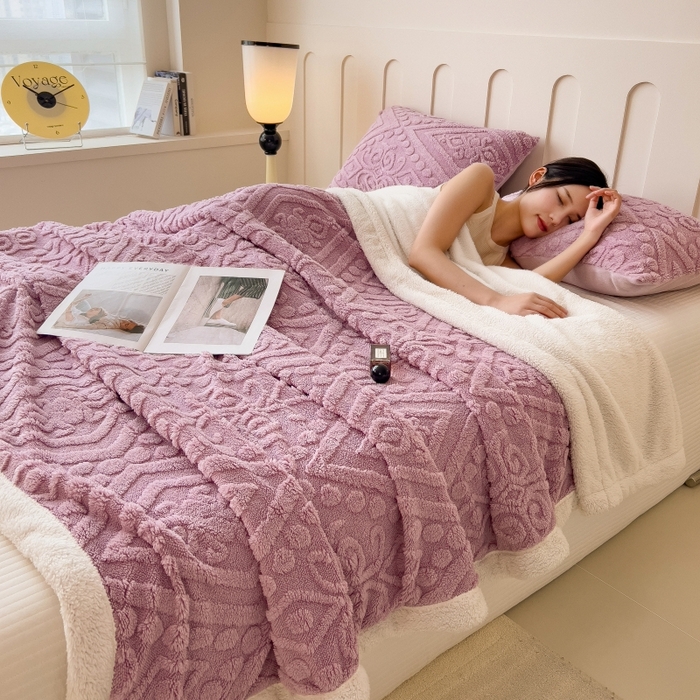 91家纺网 家纺一手货源 找家纺 希廷顿 2024新款高克重双层加厚塔芙绒毛毯 欧式-香芋紫