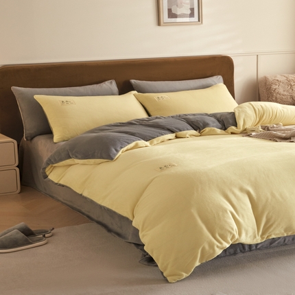 91家纺网 家纺一手货源 找家纺 澳梵家居 2024新款牛奶绒素色双拼四件套--【暖茶系列】 暖茶-柠檬黄