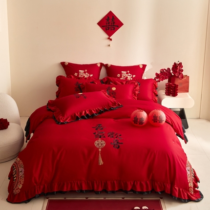 91家纺网 家纺一手货源 找家纺 （总）玉雅家纺 2025新款长绒棉花边式红黑格调婚庆四件套